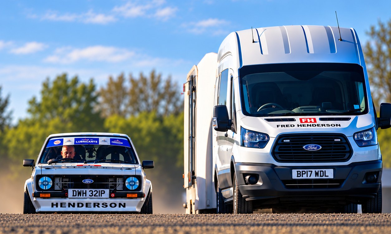 Fred Henderson van with covered trailer alongside a classic Henderson rally car